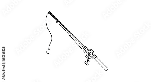 Minimalist fishing rod line art on a clean white canvas, designed for angling vector illustration, a tranquil outdoor pursuit drawing