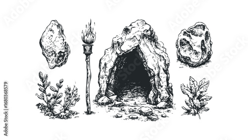Cave entrance with torch and rocks drawing. Vector hand drawn illustration