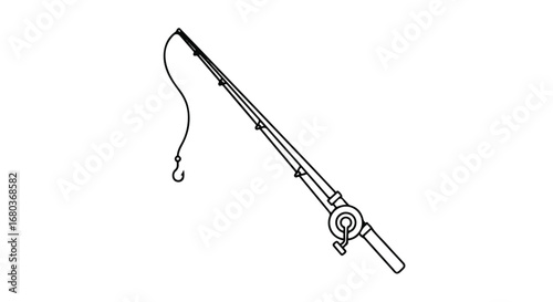 Monochrome depiction of a fishing rod with a curved line and visible hook, presented against a stark white backdrop for clarity and focus
