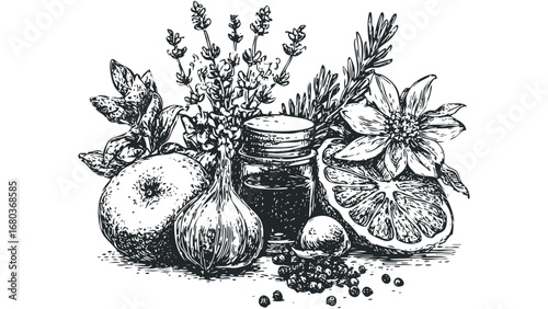Woodcut Style Rendering of Aromatic Herbs, Garlic, and Citrus Fruit. Vector hand drawn illustration