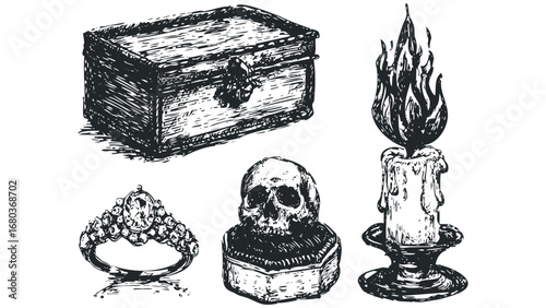 Sketch of antique treasure chest, skull, and burning candle on white. Vector hand drawn illustration