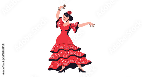 Passionate flamenco dancer in flowing red dress performing on a white background artfully displaying the graceful movements and emotional expression