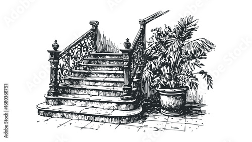 Ornate Staircase with Potted Plants Hand Drawn Sketch on Transparent Background. Vector hand drawn illustration