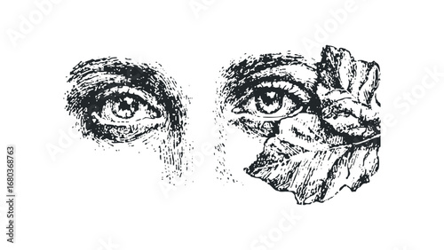 Ink sketch of a human eye partially covered by a leaf. Vector hand drawn illustration