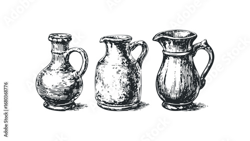 Three antique ceramic pitchers drawn with hatching technique. Vector hand drawn illustration