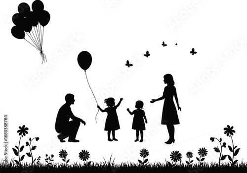 Silhouette of happy family with father, mother, and two children holding balloons, surrounded by flowers, butterflies, nature, joy, parenting, love, togetherness, celebration, outdoors