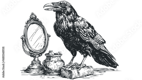 Detailed black and white sketch of a raven standing next to an antique mirror and a small vase. Vector hand drawn illustration