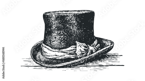 Old-fashioned top hat with a white scarf inside. Vector hand drawn illustration
