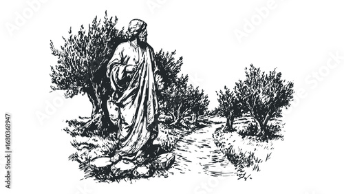 Figure in Toga Stands by Olive Trees on Textured Path. Vector hand drawn illustration