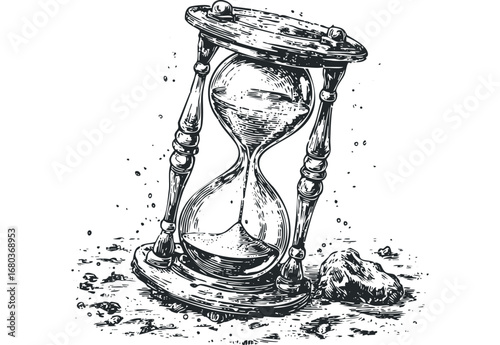 Vintage hourglass with sand pouring on a textured surface with scattered debris. Vector hand drawn illustration