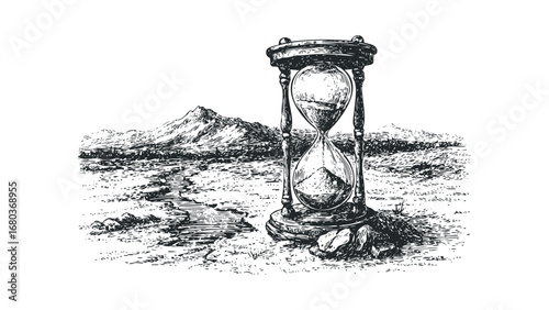 Antique hourglass measuring time amidst a rugged landscape with distant mountains. Vector hand drawn illustration