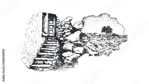 Sketch of stone steps leading to an old wooden door beside a rocky cliff with a lone tree. Vector hand drawn illustration