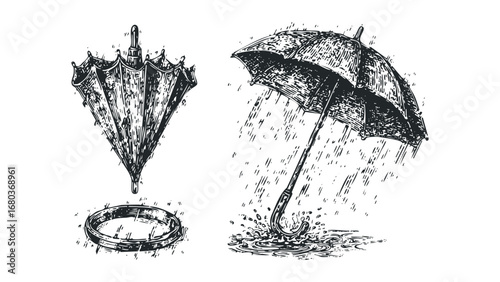 Vintage umbrella open in rain and closed umbrella with ring illustration. Vector hand drawn illustration