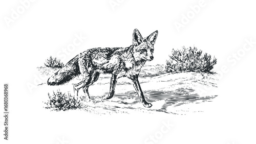 Ink drawing of a desert fox walking through sparse vegetation. Vector hand drawn illustration