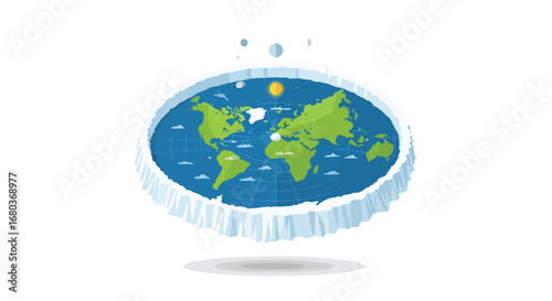 Conceptual flat earth model with ice wall, sun and moon, illustrated for alternative scientific theory exploration illustration