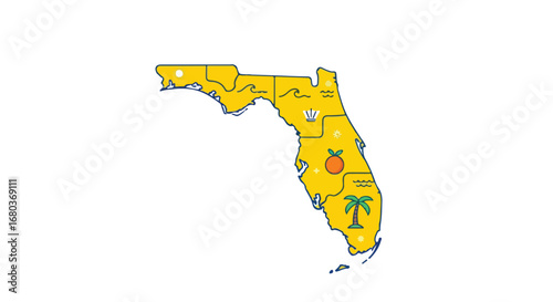 Florida state map with symbols representing tourism, beaches, and agriculture displayed in an abstract flat graphic design over a white background
