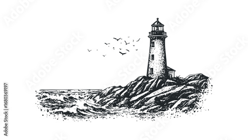 Hand drawn lighthouse on rocky coast with stormy sea and flying birds. Vector hand drawn illustration