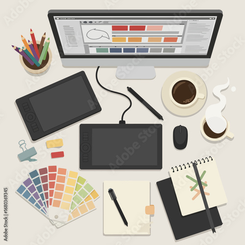 Overhead view of a graphic designer's desk with a computer screen displaying design software, drawing tablets, color swatches, coffee, and sketchbooks.