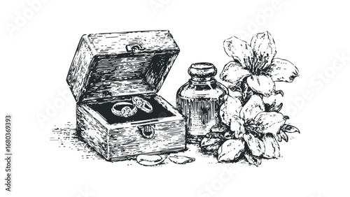 Open wooden treasure chest with wedding rings and floral arrangement. Vector hand drawn illustration