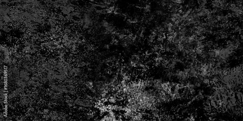 Abstract black grunge texture with dust grain and scratch patterns, dark concrete surface effect, distressed overlay background for vintage and cinematic style.