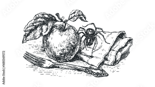 Vintage Engraving Style Spider and Apple Still Life. Vector hand drawn illustration
