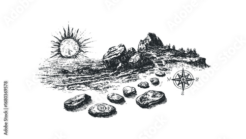 Sketch of stepping stones leading to rocky terrain under a sun. Vector hand drawn illustration