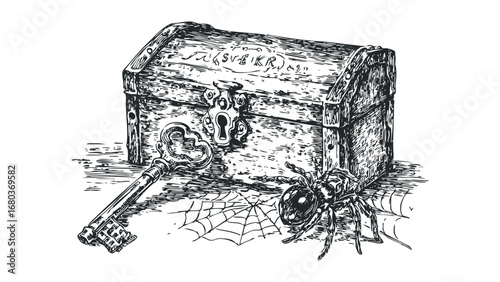 Ornate Old Treasure Chest with Key and Spiderweb. Vector hand drawn illustration