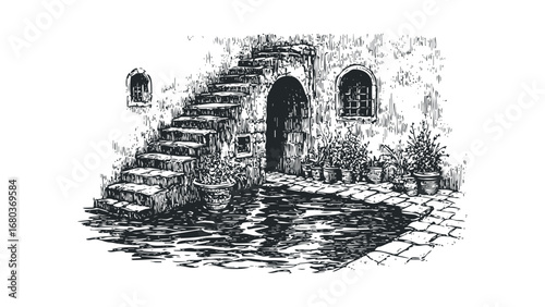 Detailed Ink Sketch of Stone Stairs Archway and Potted Plants by Water Reflection. Vector hand drawn illustration