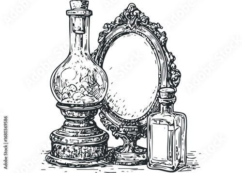 Vintage mirror and antique bottles with cork stoppers rendered in a sketch style. Vector hand drawn illustration