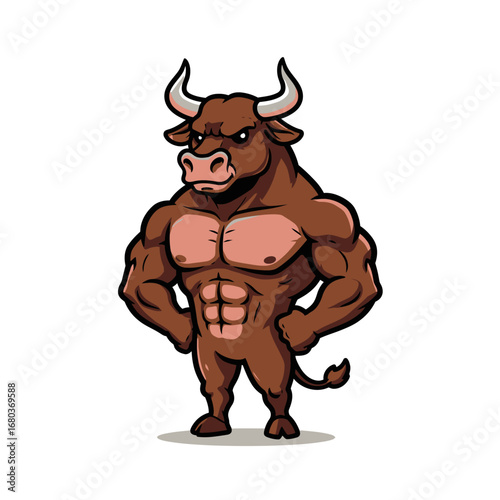 Cartoon illustration of a muscular brown bull with hands on hips, looking angry and powerful.