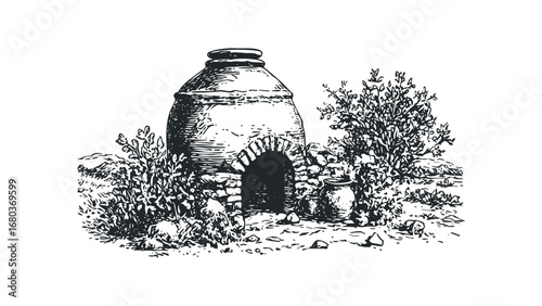 Hand drawn sketch of an ancient clay kiln with pottery next to overgrown bushes and rocks. Vector hand drawn illustration