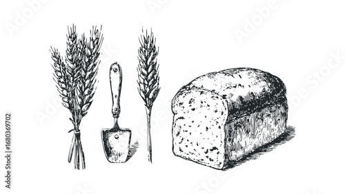 Sketch of Wheat Stalks and Loaf of Bread with Gardening Trowel. Vector hand drawn illustration