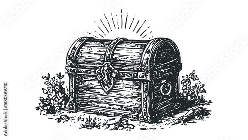 Antique wooden chest with metal accents and surrounding foliage. Vector hand drawn illustration
