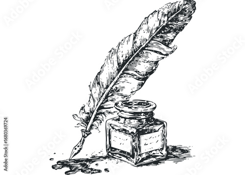 Vintage quill pen and inkwell with splattered ink on white. Vector hand drawn illustration