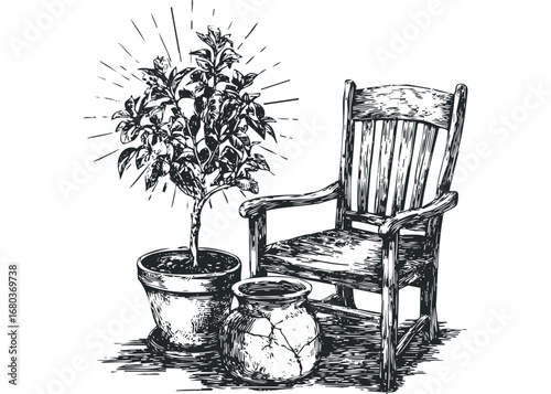 Potted plant and antique chair with cracked vase drawn in black ink on white. Vector hand drawn illustration