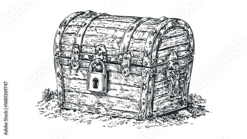 Antique wooden chest with metal fittings and padlock on rough ground. Vector hand drawn illustration