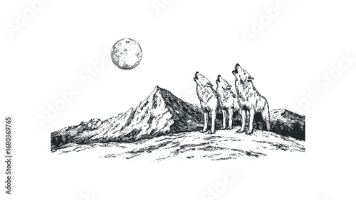 Three wolves howling at the moon on a rocky mountain landscape. Vector hand drawn illustration