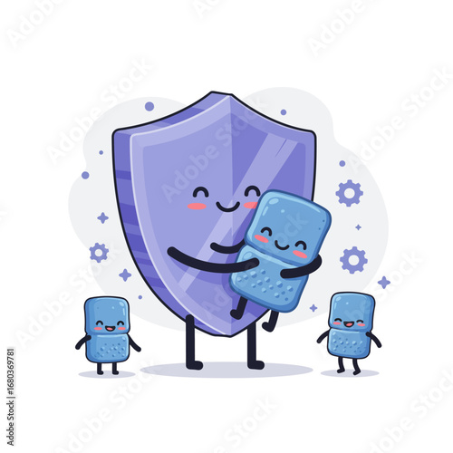 A friendly shield character embraces a phone, surrounded by other happy phone characters.