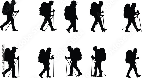 Silhouette of hikers trekking with backpacks and poles, outdoor adventure walking sequence, hiking silhouette clipart for camping, travel, wilderness scenes