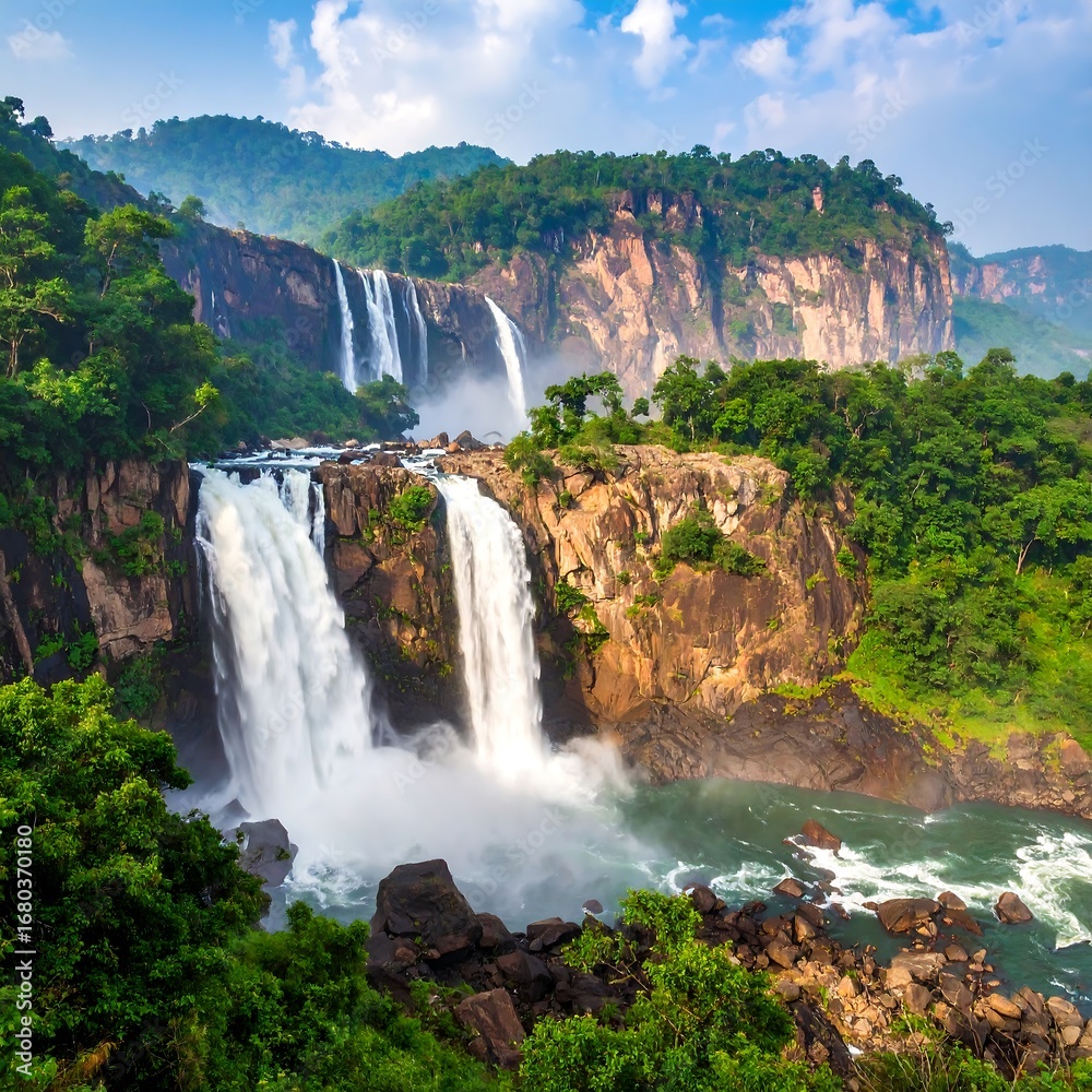 Fototapeta premium Dramatic waterfall cascading through lush green jungle