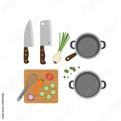 A collection of kitchen utensils and ingredients, including knives, a whisk, vegetables, and pots, arranged for food preparation.