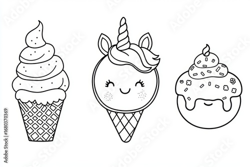 Set of cute kawaii unicorn, ice cream, donut, cake, and cupcake coloring pages for kids, simple black line outline on white background