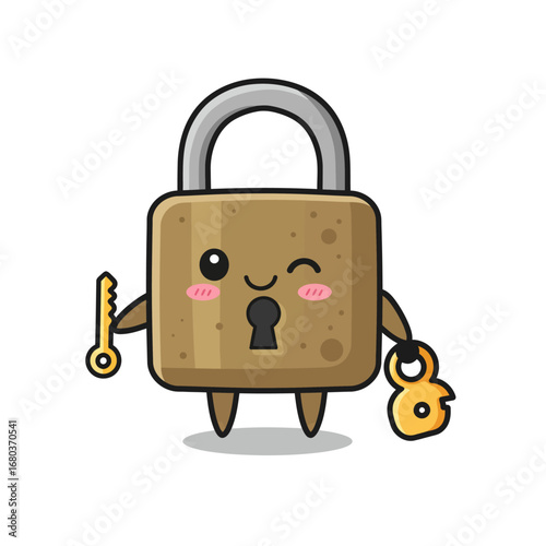 Cartoon padlock character winking and holding a key, with a friendly and playful expression.