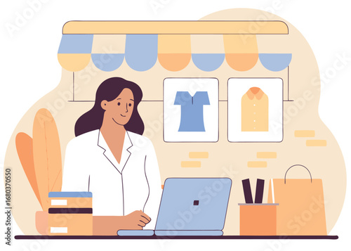 Online shop owner managing orders and sales with laptop, showcasing clothing designs and branding