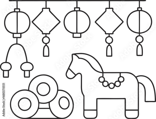 Festive chinese new year decoration with lanterns and horse toy in a simple line art style for traditional designs