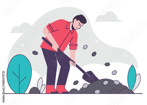 Man gardening and planting with shovel in vibrant illustration, ideal for environmental and sustainable concepts