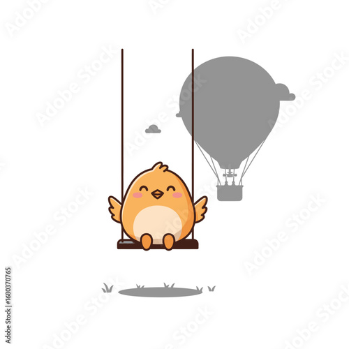 A cheerful, cartoon chick sits happily on a swing, casting a shadow of a hot air balloon.