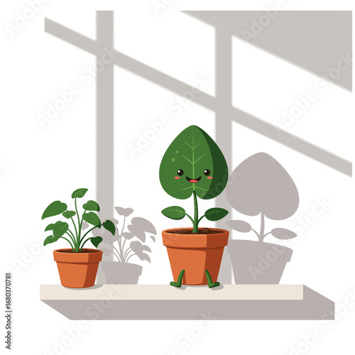 Two potted plants sit on a windowsill, one with a smiling face and legs, casting shadows in the sunlight.