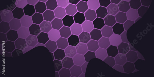 Dark hexagon abstract technology background with purple colored bright flashes under hexagon. Hexagonal gaming vector abstract tech background.