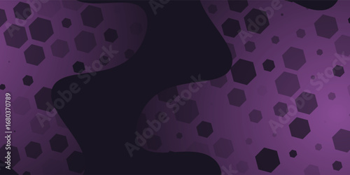 Dark hexagon abstract technology background with purple colored bright flashes under hexagon. Hexagonal gaming vector abstract tech background.